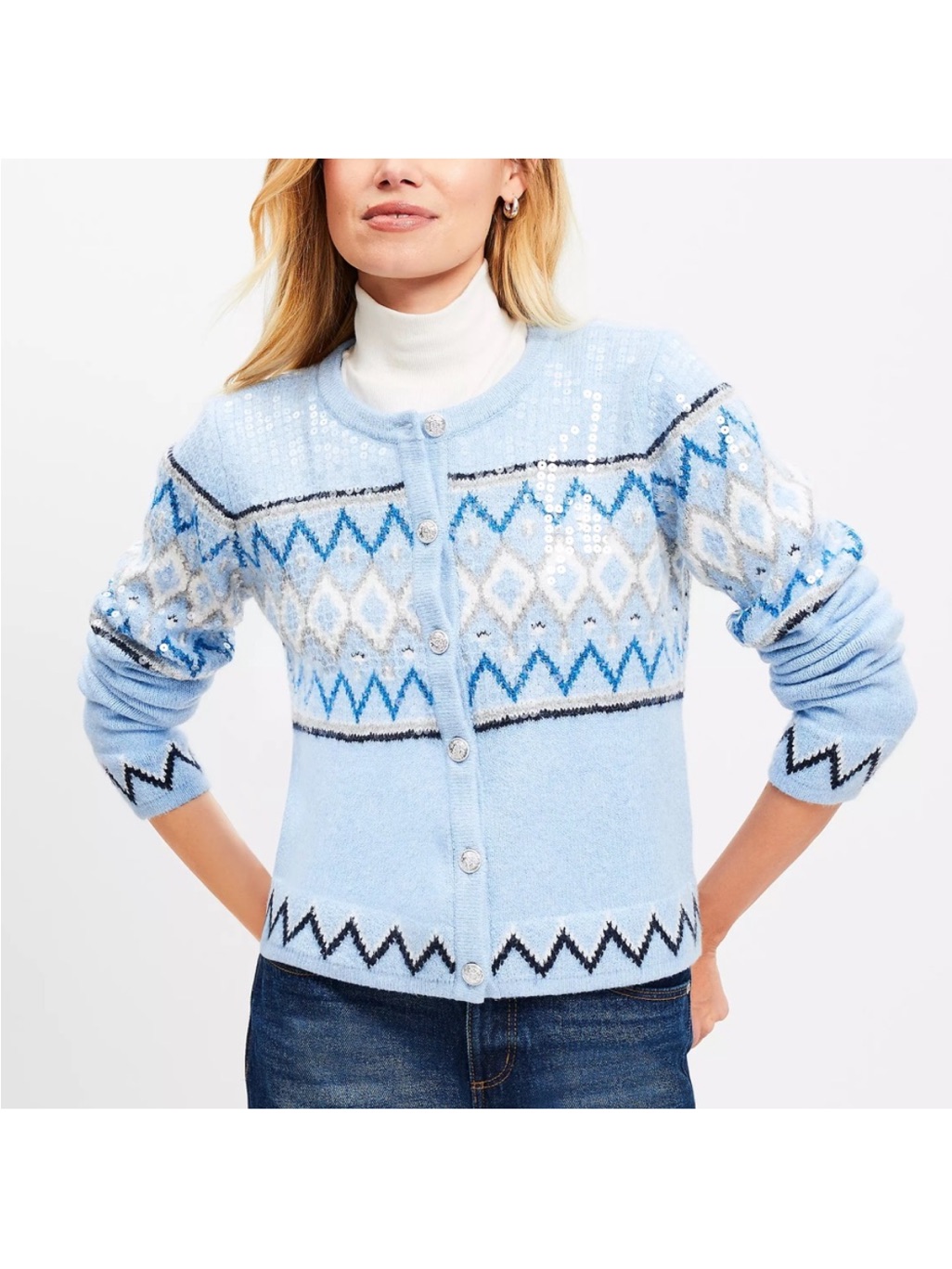 Nwt Loft Sky Blue Heather Fair Isle Patterned Sequin Cardigan